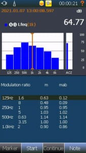 STIPA – By selecting the lower part of the display and pressing the TBL button, the two modulation indexes for each of the STIPA-octaves will be displayed
