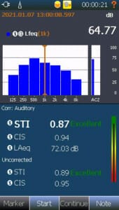 STIPA mode is easy and intuitive to use. The display is composed of a fixed view with two frames. The upper shows each frequency band, while the lower shows the measured values including a bar graph