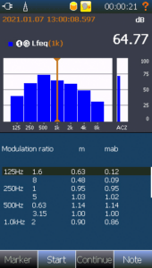 STIPA – By selecting the lower part of the display and pressing the TBL button, the two modulation indexes for each of the STIPA-octaves will be displayed.