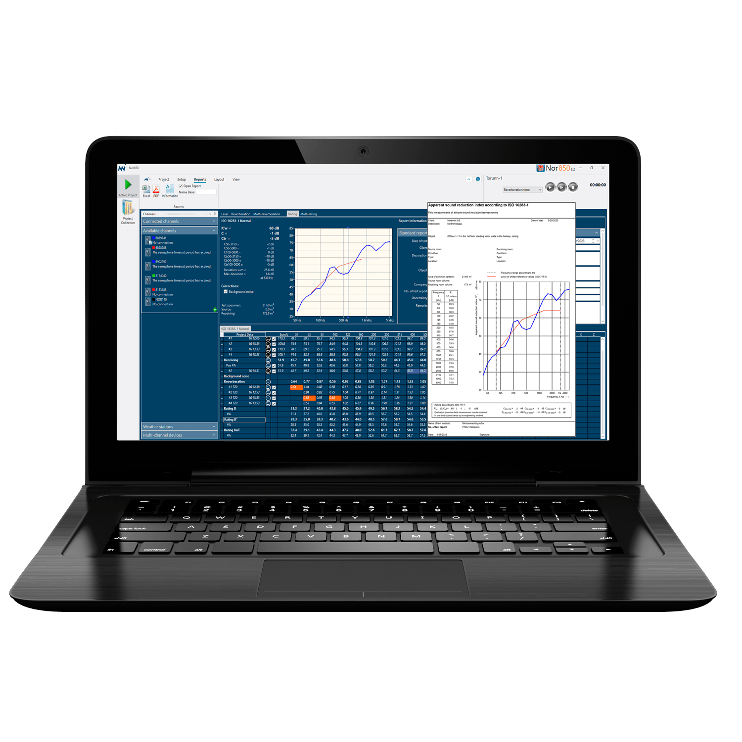 Norsonic Nor850 reporting software building acoustic ISO 16283